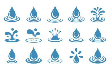 Collection of Blue Water Drop Icons with Ripples and Splashes Isolated on White Background Representing Purity Cleanliness and the Essence of Water