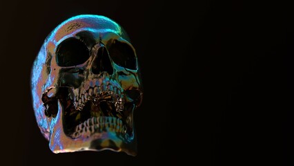 Human skull with multicolored lighting on black background