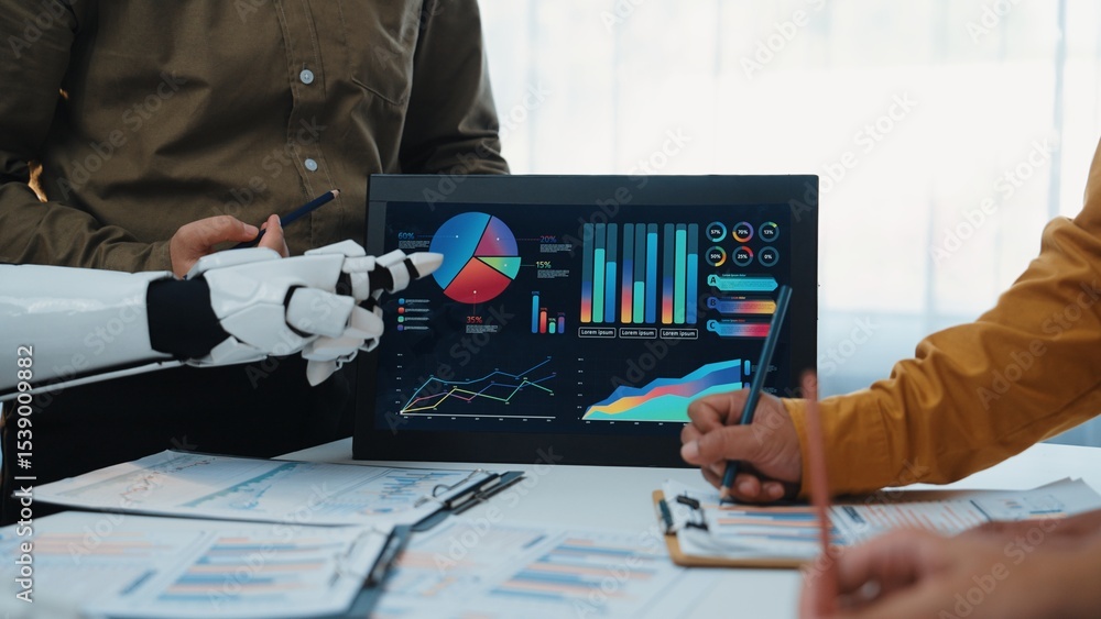 Poster a dynamic office scene shows professionals collaborating with advanced technology. a robotic arm poi