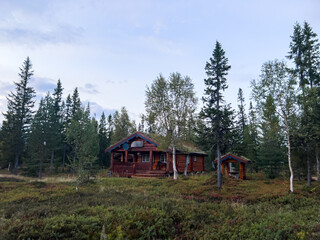 Cozy red wooden cabin tucked away in a serene forest, enveloped by colorful autumn leaves, forming a stunning setting