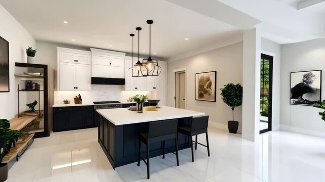 Contemporary kitchen featuring a central island with black cabinets and white countertops, complemented by modern pendant lights.