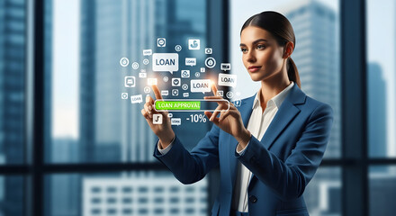 Woman in suit interacting with loan approval interface in front of city window isolated on white background, tarensparent background, png, jpg,jpeg,  on transparent background