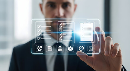 Man interacting with a transparent screen displaying checklist and data icons isolated on white background, tarensparent background, png, jpg,jpeg,  on transparent background