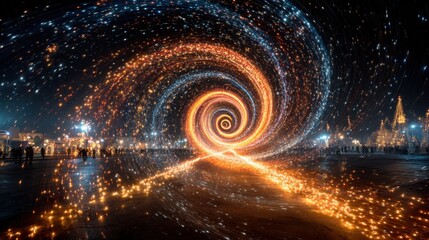 Fototapeta premium A spiral of orange and blue lights in the sky. The lights are scattered and twinkling, creating a dreamy and ethereal atmosphere