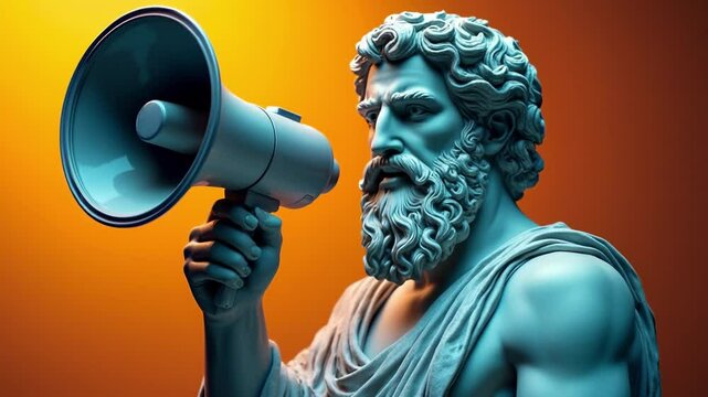 A statue of a classical philosopher is depicted holding a megaphone, symbolizing the importance of voice in contemporary discussions on social issues, set against a vibrant backdrop