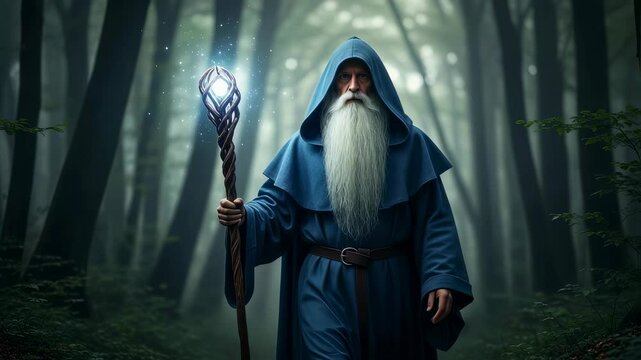 Old male wizard with long white beard and staff walking in magical fantasy forest, blue robe, fairytale footage.