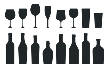 Collection of Wine and Beverage Bottles and Glasses in Silhouette Style Perfect for Bar Restaurant or Celebration Themed Designs and Illustrations