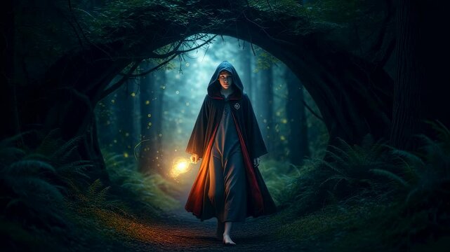 Woman wizard walks barefoot with glowing lantern through dark enchanted forest path with fireflies footage.