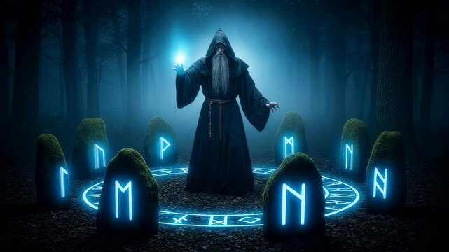 Wizard casting spell with glowing orb and rune stones in ritual circle in a dark forest video footage