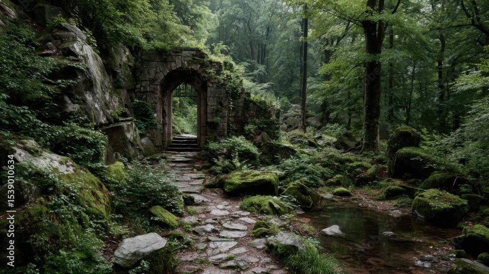 Poster a forest path with moss and rocks. the path is surrounded by trees and has a stone archway