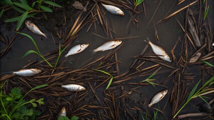 Dead fish scattered among water plants in a murky environment, suggesting pollution or environmental distress.