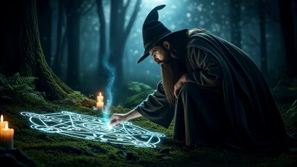 A wizard man performing a magic ritual with glowing runes and candles in a dark forest at night, footage