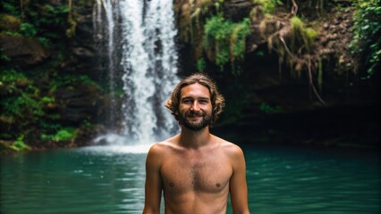 A man stands in a serene pool beneath a waterfall, surrounded by lush greenery, embodying a peaceful natural retreat.
