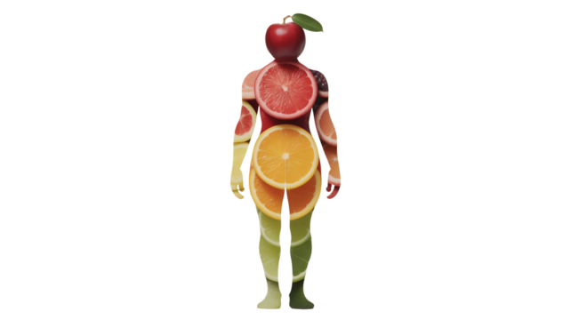 Surreal Human Form Composed of Fruits and Vegetables in Hyper realistic Digital Art isolated on a transparent background