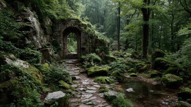 A forest path with moss and rocks. The path is surrounded by trees and has a stone archway