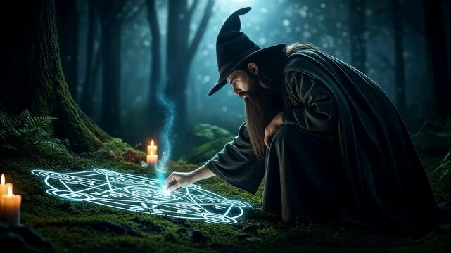 A wizard man performing a magic ritual with glowing runes and candles in a dark forest at night, footage