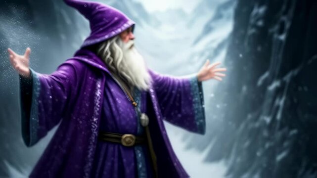 Old man wizard casting spell with magical particles in mystical setting, fantasy concept animation.