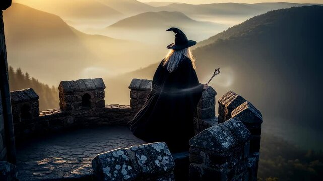 Woman wizard standing on a castle turret overlooking misty mountains with a glowing staff, magic and fantasy animation.