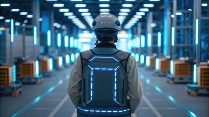 A person in a high-tech vest stands in a futuristic warehouse illuminated by bright lights, surrounded by robotic carts.
