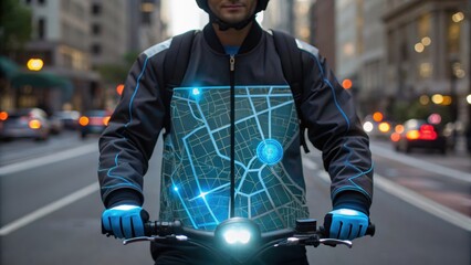 A cyclist in a smart jacket featuring a map design rides through a city street at night, illuminated by urban lights.