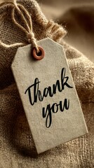 Handwritten thank you tag displayed on natural fabric background, showcasing gratitude and appreciation during celebrations or events