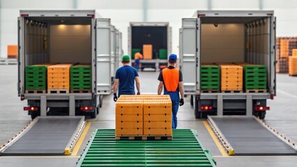 Two workers unloading boxes from trucks in a warehouse setting, showcasing logistics and transportation operations.