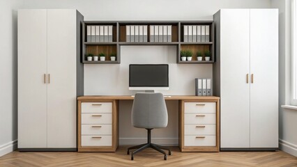 Modern office workspace featuring a stylish desk, ergonomic chair, and organized storage cabinets in neutral tones.