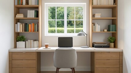Modern desk setup with shelves, books, a laptop, and a coffee cup, set in a bright room with natural light from a window.
