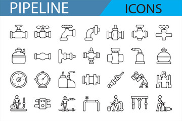 Flat Icons of Pressure Gauges, Valves, and Pipeline Elements