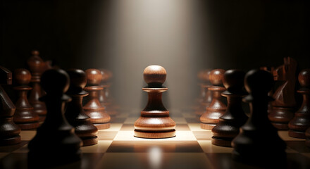 A focused pawn on a chessboard surrounded by other pieces in a dark setting isolated on white background, tarensparent background, png, jpg,jpeg,  on transparent background