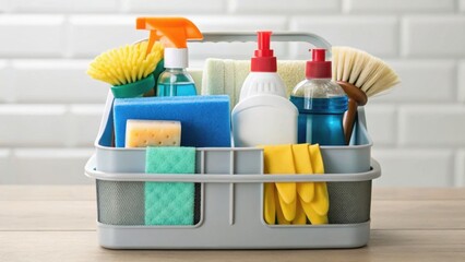 Cleaning supplies organized in a basket, featuring sponges, brushes, and various bottles for household chores.