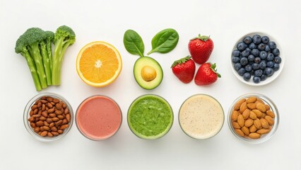 Fresh fruits and vegetables arranged in bowls, showcasing a healthy assortment including broccoli, strawberries, blueberries, orange, avocado, and nuts.