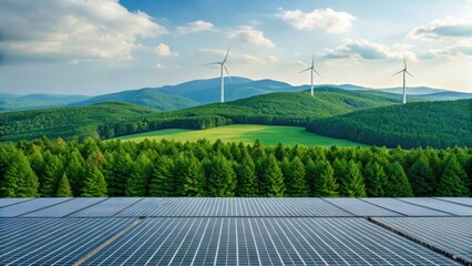 A panoramic view of lush green hills featuring wind turbines and solar panels, showcasing renewable energy and environmental sustainability.