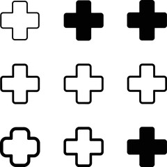 Obraz premium A grid of nine plus symbols in black and white with varying line thicknesses and fills