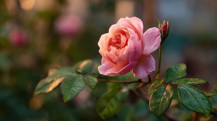 A pink rose is in full bloom, with its petals open and facing the camera. The flower is surrounded by green leaves, which add a touch of color and contrast to the scene