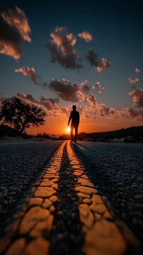 Silhouette walking down a desert road at sunset, with dramatic clouds and warm light