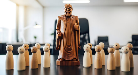 Wooden statue of a man with a beard surrounded by small wooden figures on a table isolated on white background, tarensparent background, png, jpg,jpeg,  on transparent background