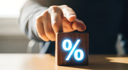 A hand reaching for a wooden block with a glowing percentage sign on the side isolated on white background, tarensparent background, png, jpg,jpeg,  on transparent background