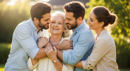 Happy Family Embracing Outdoors Grandmother with Children, Bonds, Love, Togetherness, Sunshine.