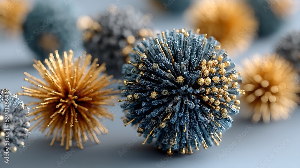 Aufkleber abstract spherical structures with metallic textures: blue, gray, and gold objects on a soft gray ba