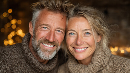 A man and woman are smiling at the camera. They are wearing sweaters and appear to be happy
