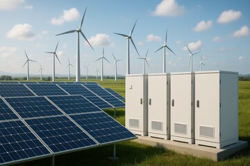 Renewable energy field with solar panels, wind turbines, and electrical cabinets working together to generate and store sustainable power under a blue sky