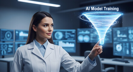 Woman in lab coat interacts with ai model training funnel on digital screens isolated on white background, tarensparent background, png, jpg,jpeg,  on transparent background