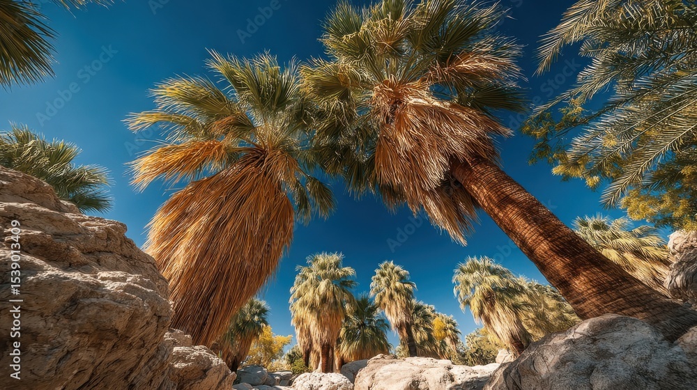 Aufkleber a beautiful view of palm trees with a clear blue sky. the trees are tall and spread out, creating a 
