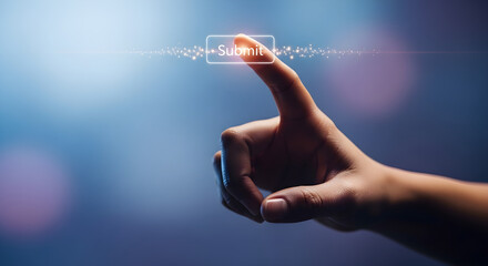 A hand pressing a virtual submit button on a blurred blue and purple background isolated on white background, tarensparent background, png, jpg,jpeg,  on transparent background