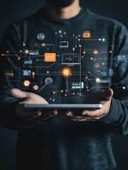 Man holding digital SEO optimization interface showcasing search engine marketing strategies, website traffic growth and link building.