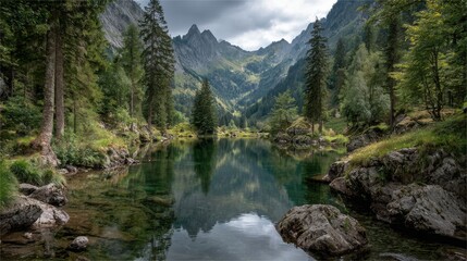 A beautiful mountain lake with a forest in the background. The water is calm and clear, reflecting the trees and mountains. The scene is peaceful and serene