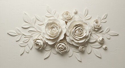 Elegant relief sculpture of white roses and leaves on a textured creamy background