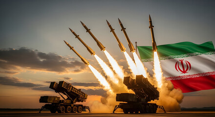 Iranian Missile Launch Rockets Firing, Iran Flag, Military Technology, Defense System, Conflict, War.