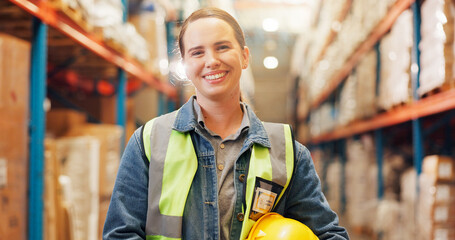 Portrait, logistics and storage with woman in warehouse for cargo shipping, supply chain or trade....